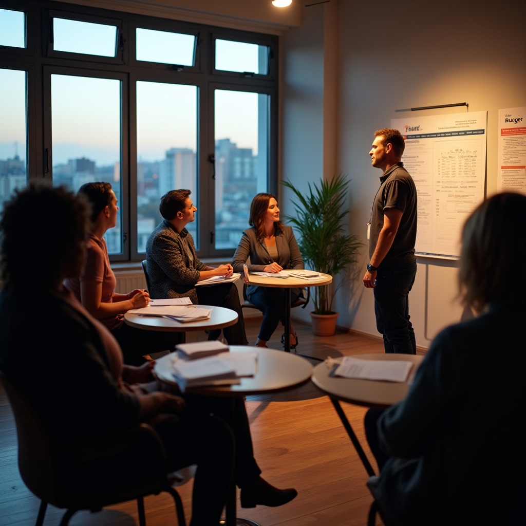 Skupina párů při společném workshopu o rodinných financích